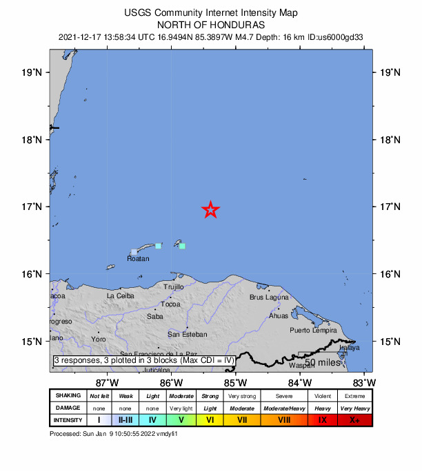 USGS DYFI community-reported intensity map for the M4.9 earthquake near 76 km NE of Savannah Bight, Honduras