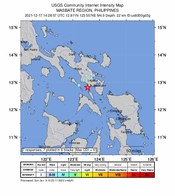 USGS DYFI community-reported intensity map for the M4.9 earthquake near 11 km SSW of Donsol, Philippines