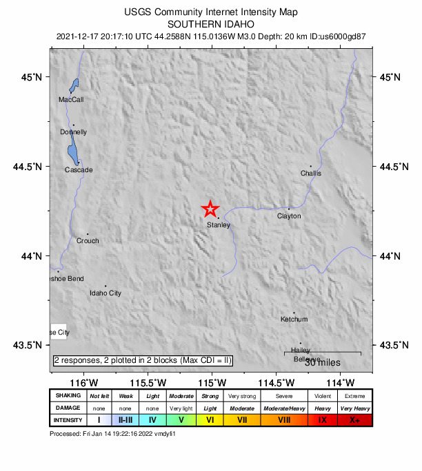 USGS DYFI community-reported intensity map for the M3.0 earthquake near 7 km NW of Stanley, Idaho