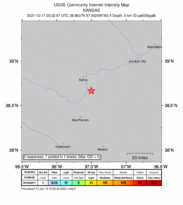 USGS DYFI community-reported intensity map for the M2.4 earthquake near Kansas