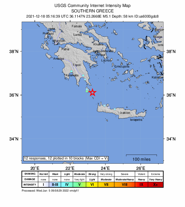 USGS DYFI community-reported intensity map for the M5.0 earthquake near 23 km ESE of Kýthira, Greece