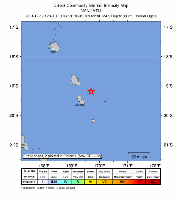 USGS DYFI community-reported intensity map for the M4.9 earthquake near 58 km NE of Isangel, Vanuatu