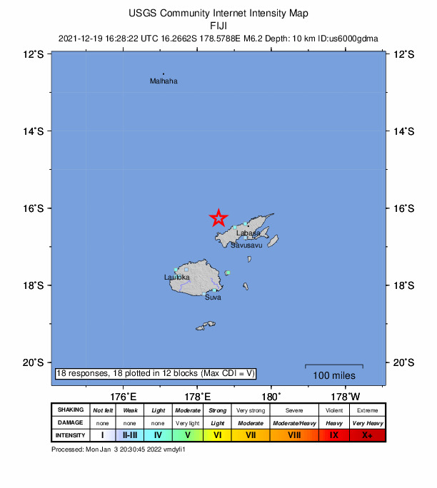 USGS DYFI community-reported intensity map for the M6.2 earthquake near 85 km W of Labasa, Fiji