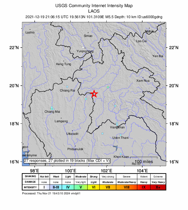 USGS DYFI community-reported intensity map for the M5.5 earthquake near 53 km NW of Sainyabuli, Laos