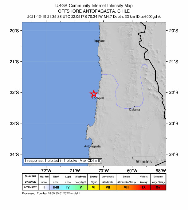 USGS DYFI community-reported intensity map for the M4.7 earthquake near 14 km WNW of Tocopilla, Chile