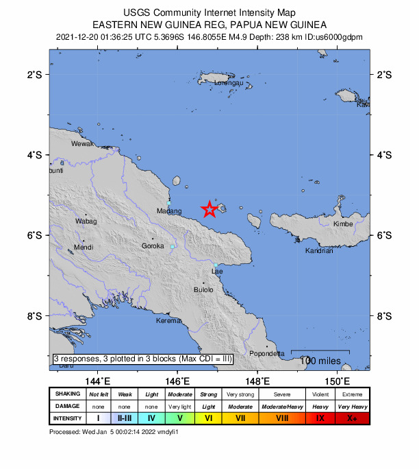 USGS DYFI community-reported intensity map for the M4.9 earthquake near 114 km E of Madang, Papua New Guinea