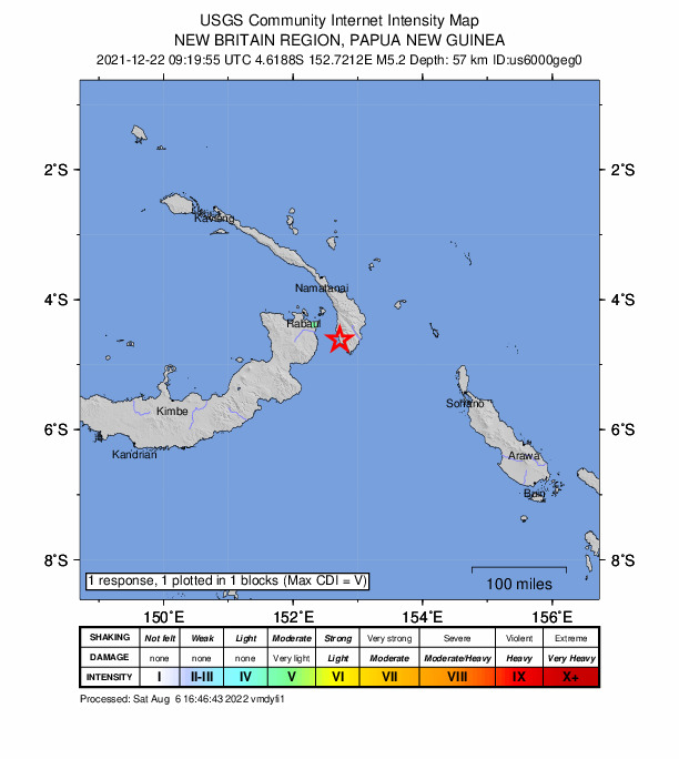 USGS DYFI community-reported intensity map for the M5.2 earthquake near 58 km ESE of Kokopo, Papua New Guinea
