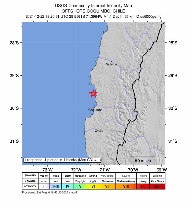 USGS DYFI community-reported intensity map for the M4.1 earthquake near 41 km NNW of La Serena, Chile