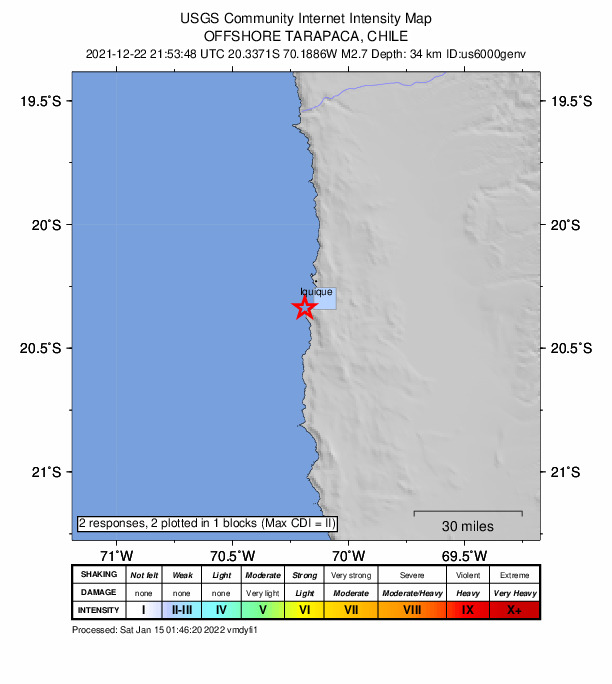 USGS DYFI community-reported intensity map for the M2.7 earthquake near 14 km SSW of Iquique, Chile