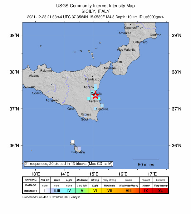 USGS DYFI community-reported intensity map for the M4.3 earthquake near 9 km NNE of Carlentini, Italy