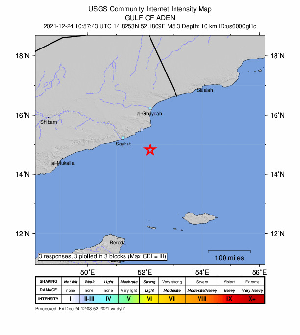 USGS DYFI community-reported intensity map for the M5.3 earthquake near 149 km S of Al Ghayz?ah, Yemen