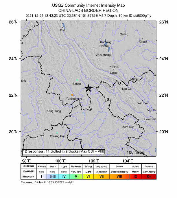 USGS DYFI community-reported intensity map for the M5.7 earthquake near 88 km NNW of Phôngsali, Laos