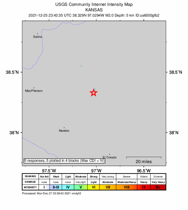 USGS DYFI community-reported intensity map for the M2.0 earthquake near 2 km SSW of Marion, Kansas