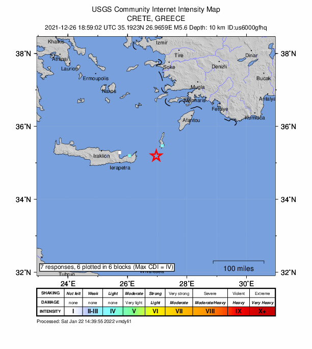 USGS DYFI community-reported intensity map for the M5.6 earthquake near 25 km S of Fry, Greece