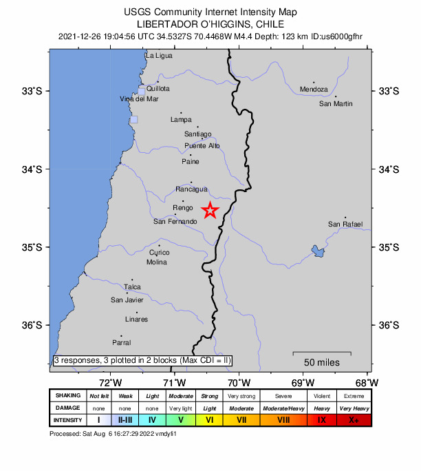 USGS DYFI community-reported intensity map for the M4.4 earthquake near 40 km ESE of Rengo, Chile