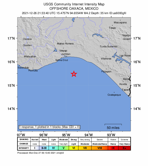 USGS DYFI community-reported intensity map for the M4.3 earthquake near 97 km S of San Francisco del Mar Viejo, Mexico