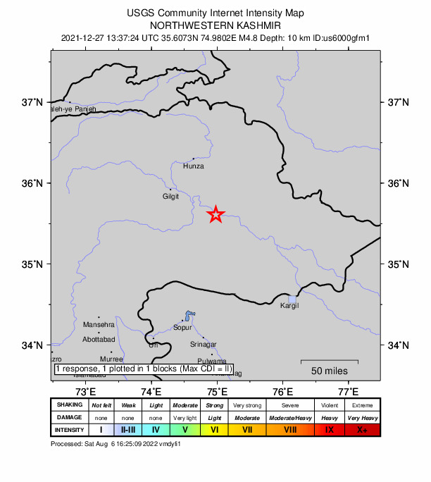 USGS DYFI community-reported intensity map for the M4.8 earthquake near 68 km WNW of Skardu, Pakistan