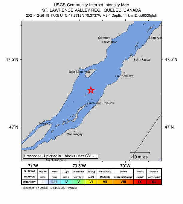 USGS DYFI community-reported intensity map for the M2.4 earthquake near 10 km NW of St-Jean-Port-Joli, Canada