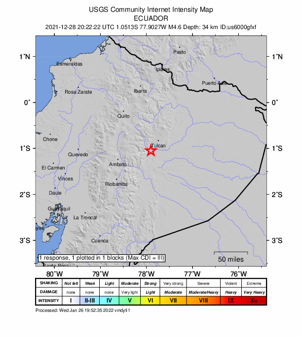 USGS DYFI community-reported intensity map for the M4.6 earthquake near 11 km WSW of Tena, Ecuador