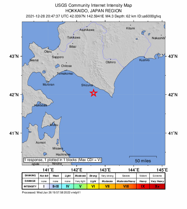 USGS DYFI community-reported intensity map for the M4.3 earthquake near 37 km SSE of Shizunai-furukawach?, Japan