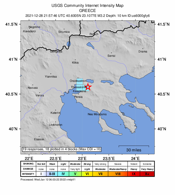 USGS DYFI community-reported intensity map for the M3.2 earthquake near 1 km SSE of Chorti?tis, Greece