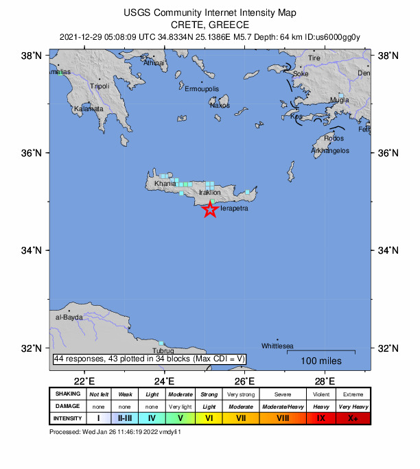 USGS DYFI community-reported intensity map for the M5.7 earthquake near 19 km S of Pýrgos, Greece