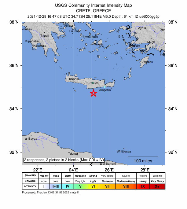 USGS DYFI community-reported intensity map for the M5.0 earthquake near Crete, Greece
