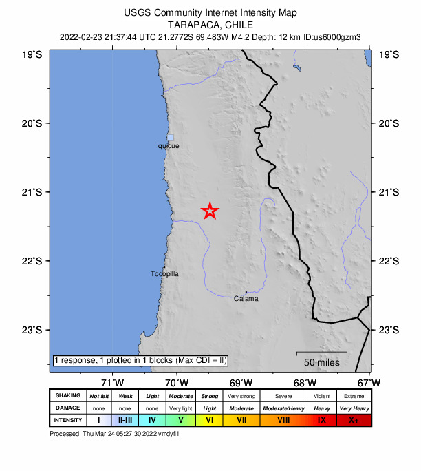 USGS DYFI community-reported intensity map for the M4.2 earthquake near 116 km NE of Tocopilla, Chile