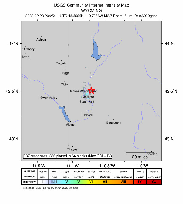 USGS DYFI community-reported intensity map for the M2.7 earthquake near 4 km NE of Jackson, Wyoming