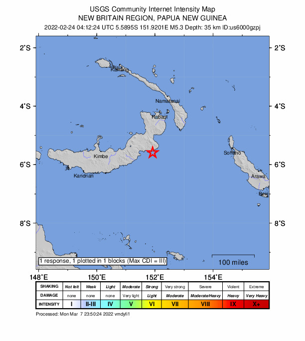 USGS DYFI community-reported intensity map for the M5.3 earthquake near New Britain region, Papua New Guinea
