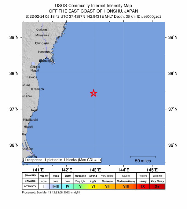 USGS DYFI community-reported intensity map for the M4.8 earthquake near 173 km E of Namie, Japan