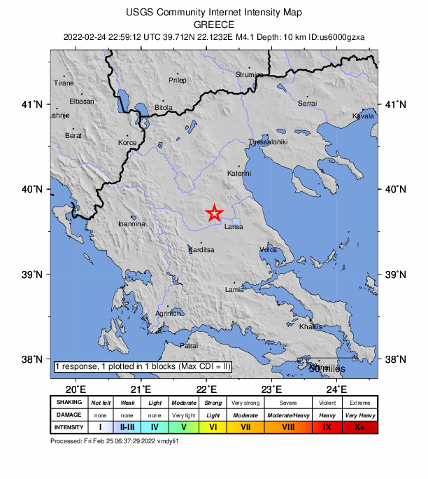 USGS DYFI community-reported intensity map for the M4.0 earthquake near 9 km N of Zárkos, Greece