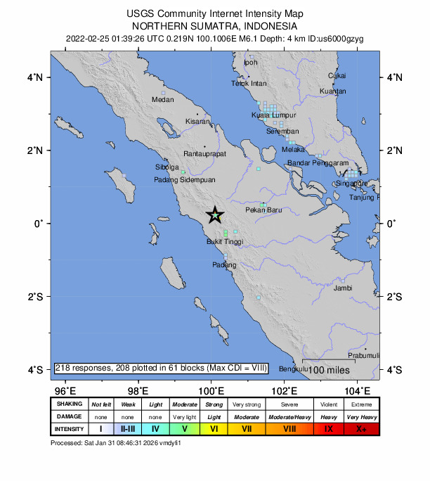 USGS DYFI community-reported intensity map for the M6.1 earthquake near 65 km NNW of Bukittinggi, Indonesia