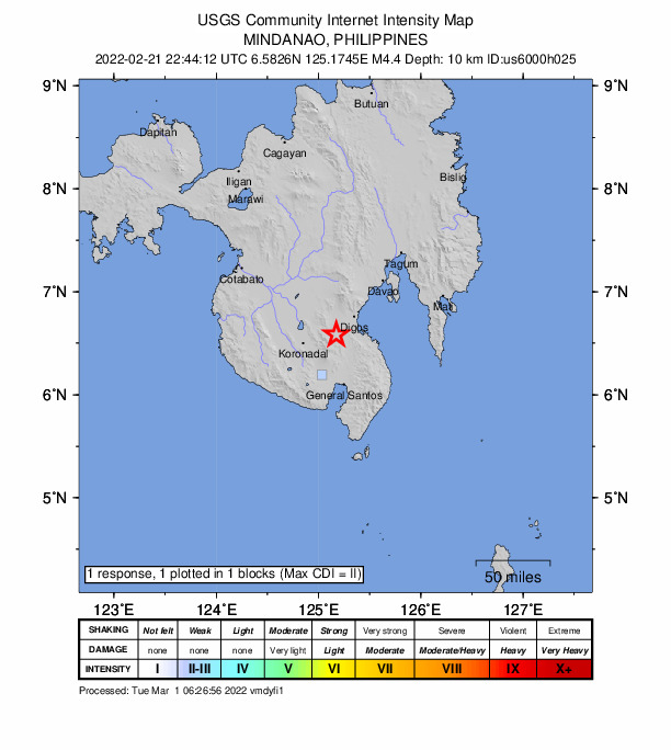 USGS DYFI community-reported intensity map for the M4.4 earthquake near 10 km NE of Tampakan, Philippines