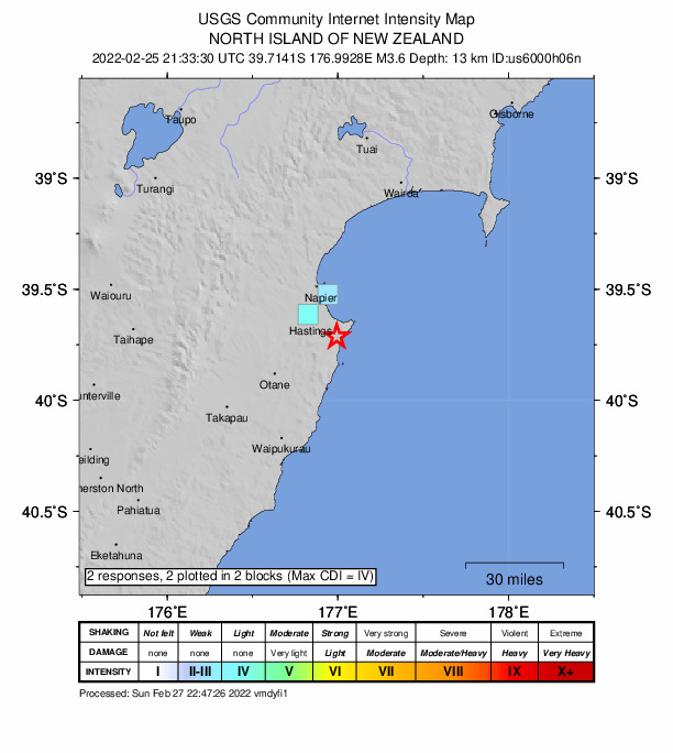 USGS DYFI community-reported intensity map for the M3.6 earthquake near 14 km SE of Hastings, New Zealand