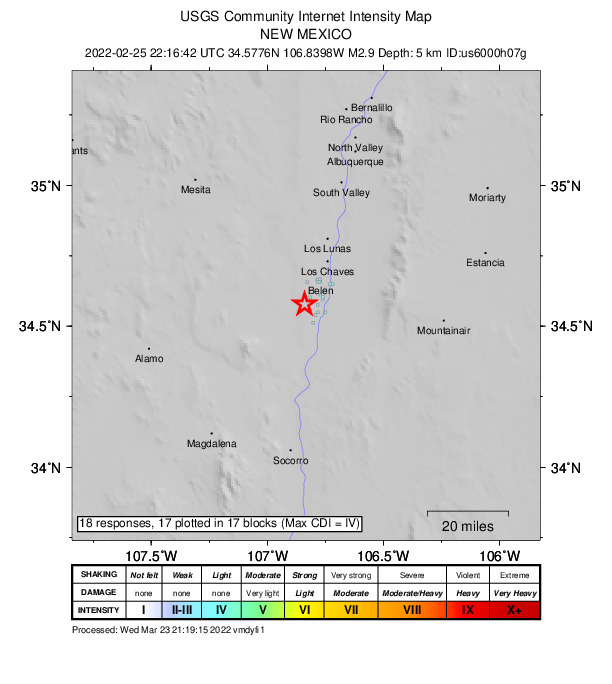 USGS DYFI community-reported intensity map for the M2.9 earthquake near 7 km SW of Pueblitos, New Mexico