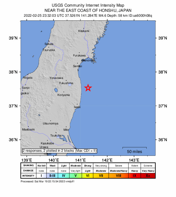 USGS DYFI community-reported intensity map for the M4.6 earthquake near 25 km E of Namie, Japan