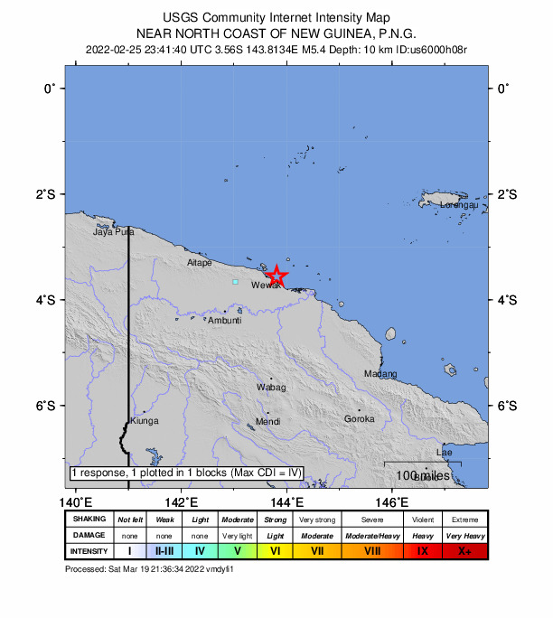 USGS DYFI community-reported intensity map for the M5.4 earthquake near 20 km E of Wewak, Papua New Guinea
