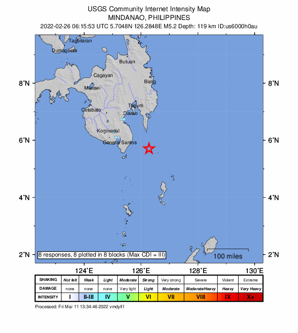 USGS DYFI community-reported intensity map for the M5.2 earthquake near 73 km S of Pondaguitan, Philippines