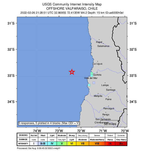USGS DYFI community-reported intensity map for the M4.2 earthquake near 75 km WNW of Valparaíso, Chile