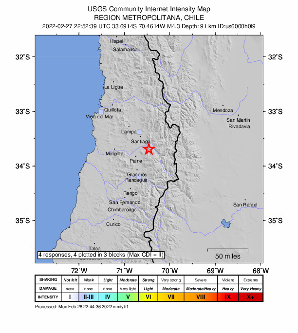 USGS DYFI community-reported intensity map for the M4.3 earthquake near 13 km SE of Puente Alto, Chile