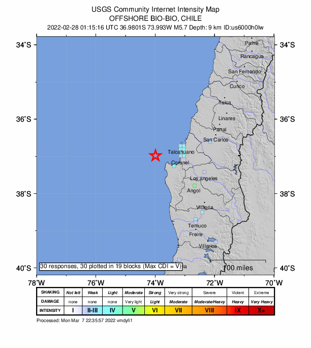USGS DYFI community-reported intensity map for the M5.7 earthquake near 66 km WNW of Arauco, Chile