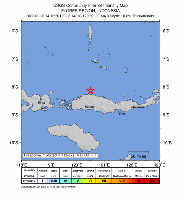 USGS DYFI community-reported intensity map for the M4.8 earthquake near 51 km N of Ruteng, Indonesia
