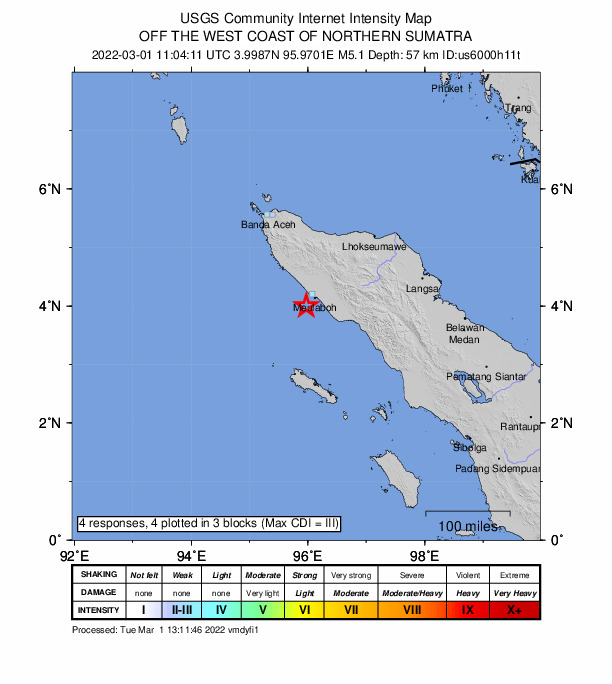 USGS DYFI community-reported intensity map for the M5.2 earthquake near 16 km WSW of Meulaboh, Indonesia