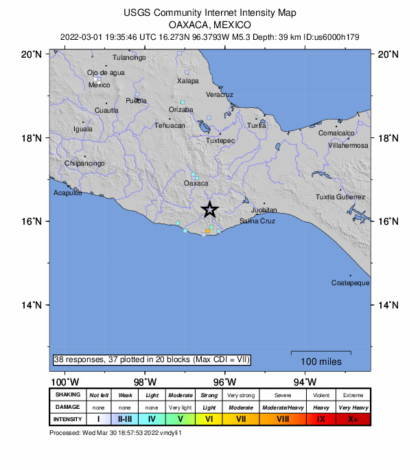 USGS DYFI community-reported intensity map for the M5.3 earthquake near 5 km SE of San Cristóbal Amatlán, Mexico