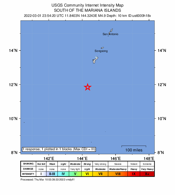 USGS DYFI community-reported intensity map for the M4.9 earthquake near 162 km SSW of Merizo Village, Guam