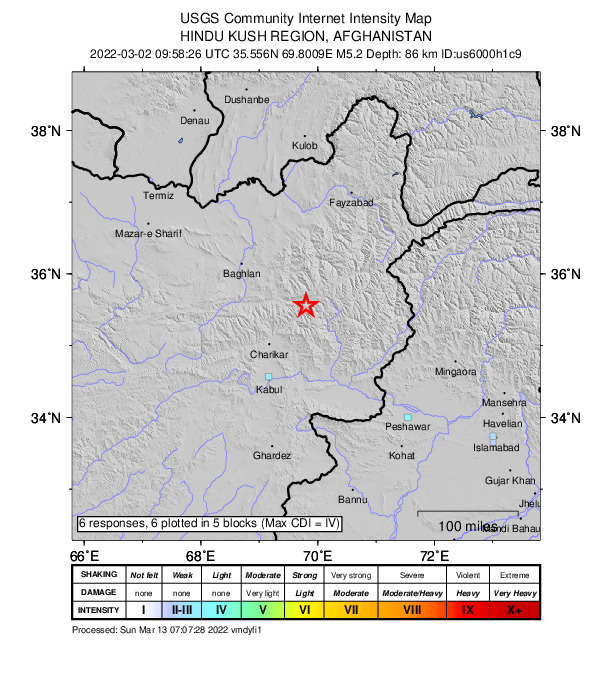 USGS DYFI community-reported intensity map for the M5.2 earthquake near 34 km NE of B?z?rak, Afghanistan