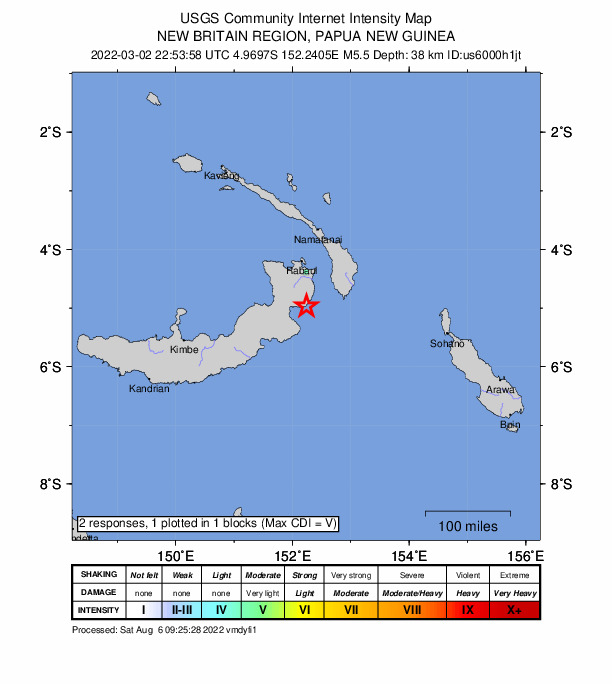 USGS DYFI community-reported intensity map for the M5.5 earthquake near 69 km S of Kokopo, Papua New Guinea