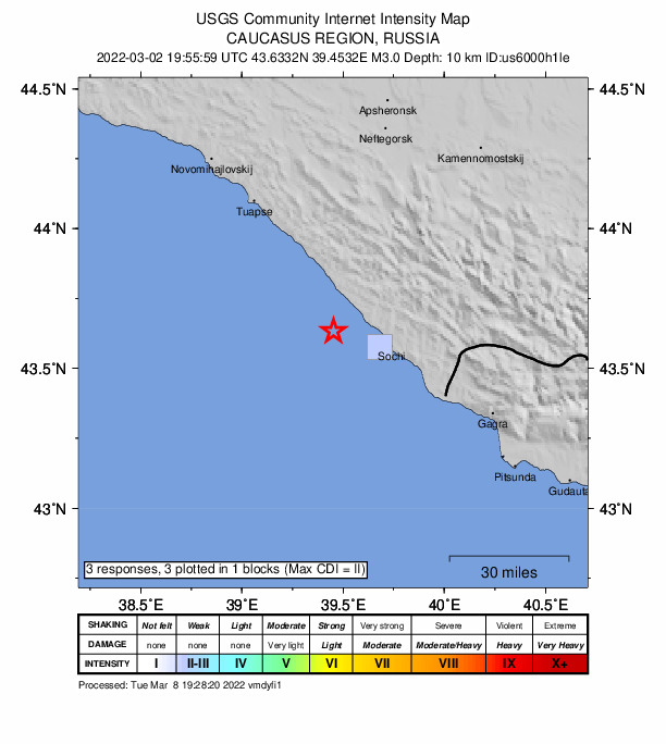 USGS DYFI community-reported intensity map for the M3.0 earthquake near 13 km SW of Vardane, Russia
