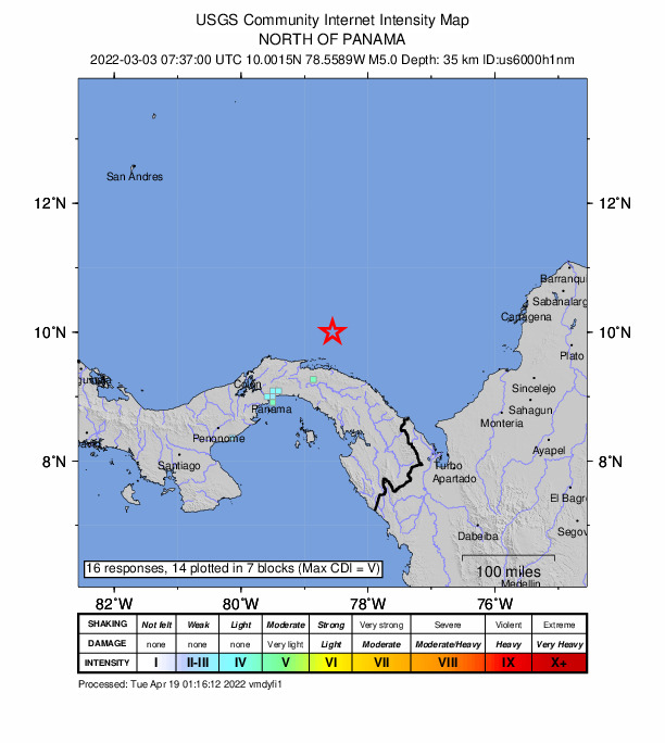 USGS DYFI community-reported intensity map for the M5.0 earthquake near 61 km N of Narganá, Panama